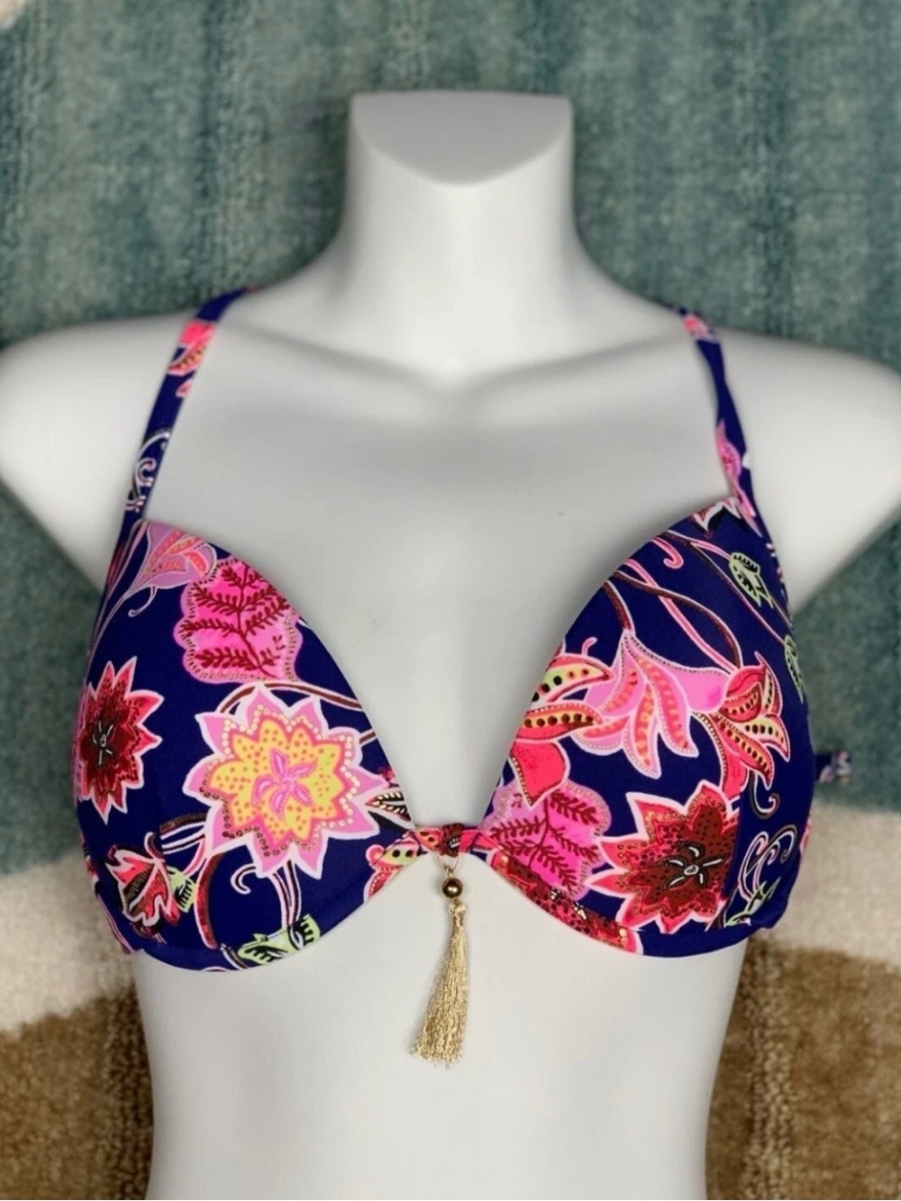 Navy Floral Push-Up Bikini Top with Pink Accents